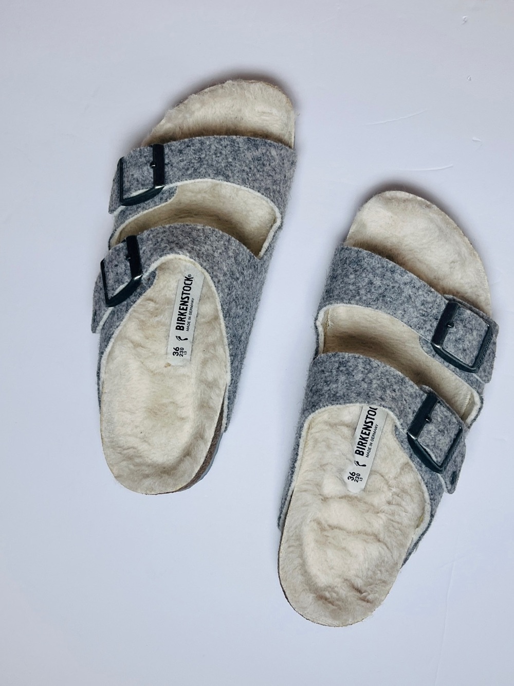 Birkenstock Arizona Two Strap Grey Felt Shearling Sandals